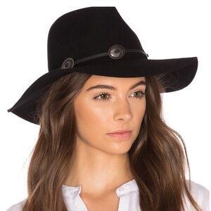 •BRIXTON• Black Wool Felt Cedar Fedora Hat Size Small Leather Band Concho Detail